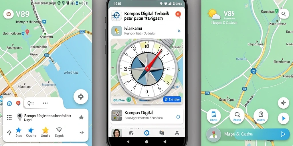 Antarmuka V89 menampilkan kompas digital modern dan informasi cuaca terkini.
